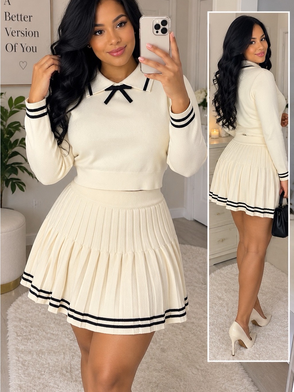 Cream Pleated Skater Skirt with Black Stripe Trim - Women